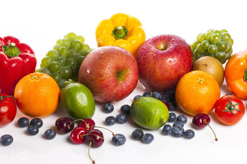 many variety fresh fruits on the wood table, grey background.