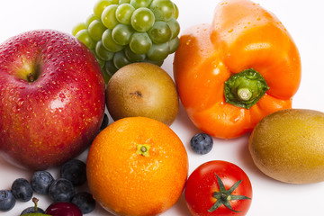 many variety fresh fruits on the wood table, grey background.