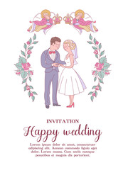 Happy weddings. Vector illustration. Wedding ceremony. Wedding in Church. Wedding card, wedding invitation.