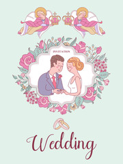 Happy weddings. Vector illustration. Wedding ceremony. Wedding in Church. Wedding card, wedding invitation.
