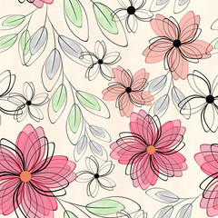 Seamless abstract floral pattern. Cartoon pink flowers on a light background.