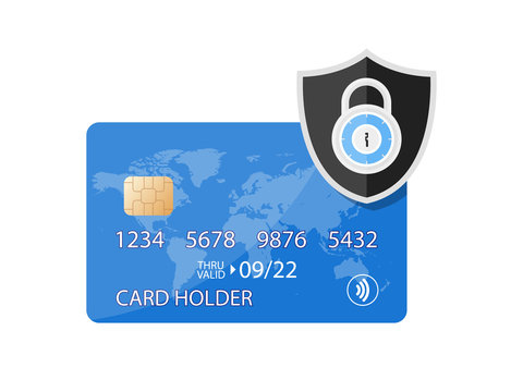Secured Payment Shield Credit Card with lock icon. Locked bank card illustration Vector