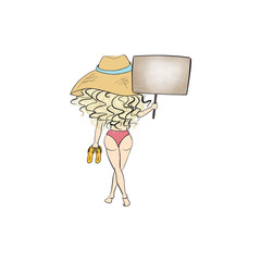 Blonde Hair Girl On The Beach Isolated On A White Background Hand Drawn Illustration