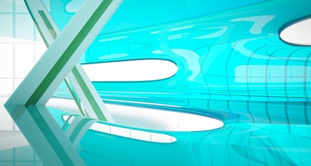 Abstract white and colored gradient glasses interior multilevel public space with window. 3D illustration and rendering.