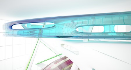 Abstract white and colored gradient glasses interior multilevel public space with window. 3D illustration and rendering.