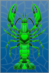Illustration in stained glass stile with abstract green crayfish on a blue background 