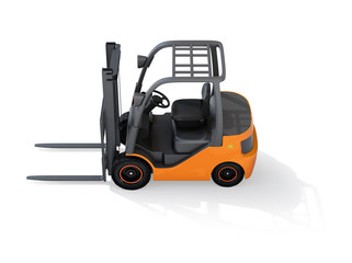 Side view of electric forklift isolated on white background. 3D rendering image.