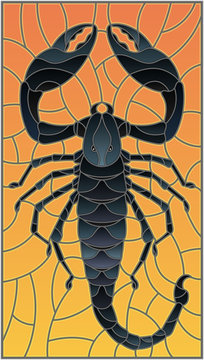 Illustration in stained glass style with abstract black Scorpion on orange background