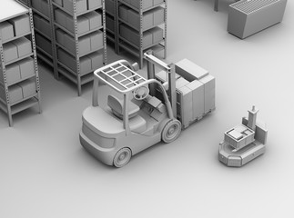 Clay rendering of AGV robot, electric forklift with cardboard boxes in modern distribution center. 3D rendering image.