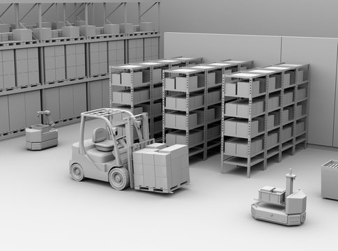 Clay rendering of AGV robots, electric forklift with cardboard boxes in modern distribution center. 3D rendering image.