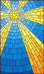 Illustration in stained glass style with abstract celestial landscape, sun with rays against the sky