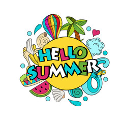 Fototapeta premium Cartoon hand drawn doodle consisting of separate elements. Summer, rest, sea, rest. Vector illustration.