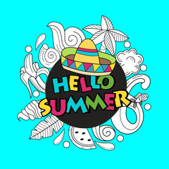 Fototapeta premium Cartoon hand drawn doodle consisting of separate elements. Summer, rest, sea, rest. Vector illustration.