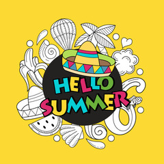 Cartoon hand drawn doodle consisting of separate elements. Summer, rest, sea, rest. Vector illustration.