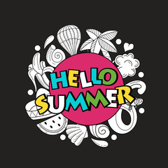 Cartoon hand drawn doodle consisting of separate elements. Summer, rest, sea, rest. Vector illustration.