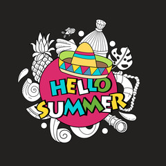 Cartoon hand drawn doodle consisting of separate elements. Summer, rest, sea, rest. Vector illustration.