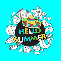 Cartoon hand drawn doodle consisting of separate elements. Summer, rest, sea, rest. Vector illustration.
