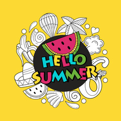 Cartoon hand drawn doodle consisting of separate elements. Summer, rest, sea, rest. Vector illustration.