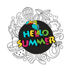 Fototapeta premium Cartoon hand drawn doodle consisting of separate elements. Summer, rest, sea, rest. Vector illustration.