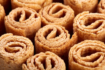Wafer rolls. Sweet tube wafer isolated on white background. Dessert.