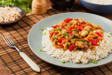 Chicken kung pao. Fried chicken pieces with peanuts and peppers.