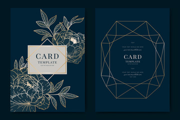 Wedding Invitation modern card Design in golden peony with   tropical palm leaf eucalyptus branches decorative on deep Navy blue background Vector elegant rustic template