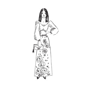 Glamorous fashion model in long skirt with flowers print and blouse standing, front view, hand drawn ink doodle, sketch, outline black and white vector fashion illustration