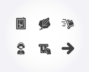 Set of Window cleaning, Shipping support and Push cart icons. Ð¡opyright chat, Atm service and Next signs. Housekeeping service, Delivery manager, Express delivery. Vector