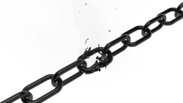3D metal broken chain with explosion on white backround.