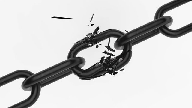 3D metal broken chain with explosion on white backround.