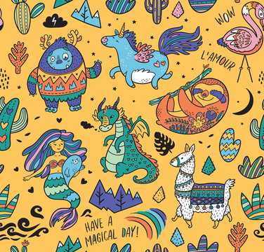 Kids background with Yeti, unicorn, dragon, mermaid, llama and sloth in cartoon style. Vector illustration