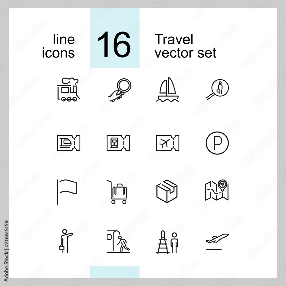 Wall mural Travel icons. Set of line icons. Luggage, destination, tourist. Trip concept. Vector illustration can be used for topics like tourism, transportation, vacation