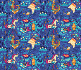 Fototapeta premium Fantastic creatures, animals pattern. Vector cute background