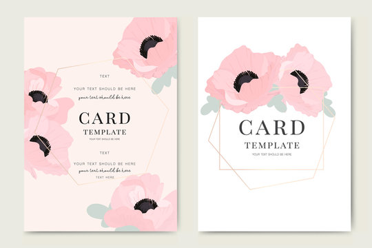 Wedding Invitation, floral invite thank you, rsvp modern card Design in pink poppy flower with golden line decorative Vector elegant rustic template