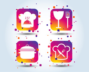 Chief hat and cooking pan icons. Crosswise fork and knife signs. Boil or stew food symbols. Colour gradient square buttons. Flat design concept. Vector