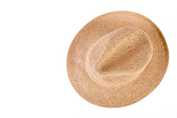 Wicker straw flaxen hat with red ribbon on isolated white background. Fashion accessory. Female summer hat.