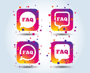 FAQ information icons. Help speech bubbles symbols. Circle and square talk signs. Colour gradient square buttons. Flat design concept. Vector