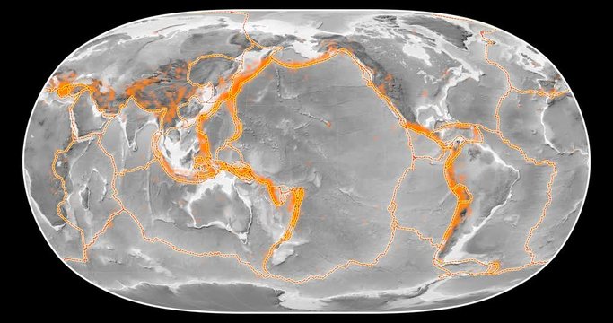 Tectonic activity within the Pacific Ring of Fire on the global map in the Natural Earth II projection. Elevation & bathymetry - grayscale