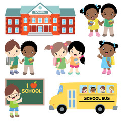 Going to School Set, School Building, School Bus, Blackboard and School Children Vector Illustration Isolated on White