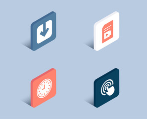 Set of Clock, Load document and Video file icons. Click sign. Time or watch, Download arrowhead, Vlog page. Cursor pointer.  3d isometric buttons. Flat design concept. Vector
