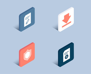 Set of Security, Downloading and Edit document icons. File settings sign. Protection shield, Load information, Page with pencil. File management.  3d isometric buttons. Flat design concept. Vector