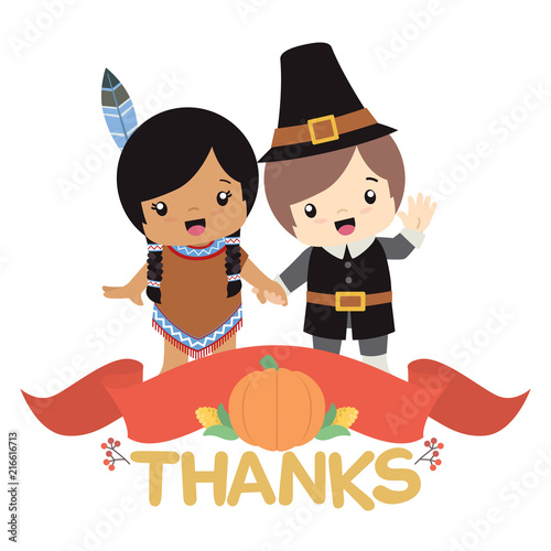 Native American Indian Girl And Pilgrim Boy Holding Hands With Thanksgiving Decoration Banner Vector Illustration