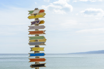 Multiple blank signs on a wooden pole in the beach.place for text.