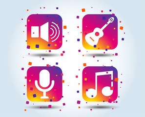 Musical elements icons. Microphone and Sound speaker symbols. Music note and acoustic guitar signs. Colour gradient square buttons. Flat design concept. Vector