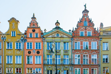 Fototapeta na wymiar Long Market Street, typical colorful decorative medieval old houses, Royal Route Architecture of Mariacka street is one of most notable tourist attractions. Flat design.