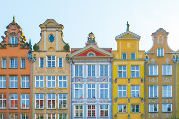 Fototapeta premium Long Market Street, typical colorful decorative medieval old houses, Royal Route Architecture of Mariacka street is one of most notable tourist attractions. Flat design.