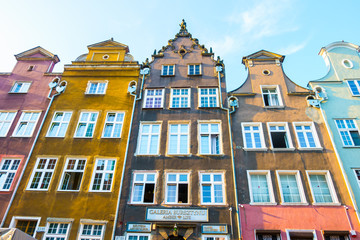 Long Market Street, typical colorful decorative medieval old houses, Royal Route Architecture of Mariacka street is one of most notable tourist attractions. Flat design.