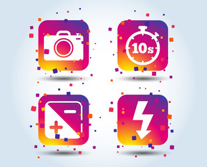 Photo camera icon. Flash light and exposure symbols. Stopwatch timer 10 seconds sign. Colour gradient square buttons. Flat design concept. Vector