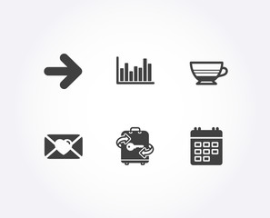 Set of Luggage, Next and Mocha icons. Valentine, Bar diagram and Calendar signs. Baggage locker, Forward, Coffee cup. Love letter, Statistics infochart, Event reminder.  Quality design elements