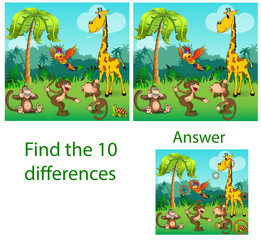 Illustration of children. The visual puzzle reveals ten differences with the beasts of a turtle, a parrot of monkeys and a giraffe in the jungle